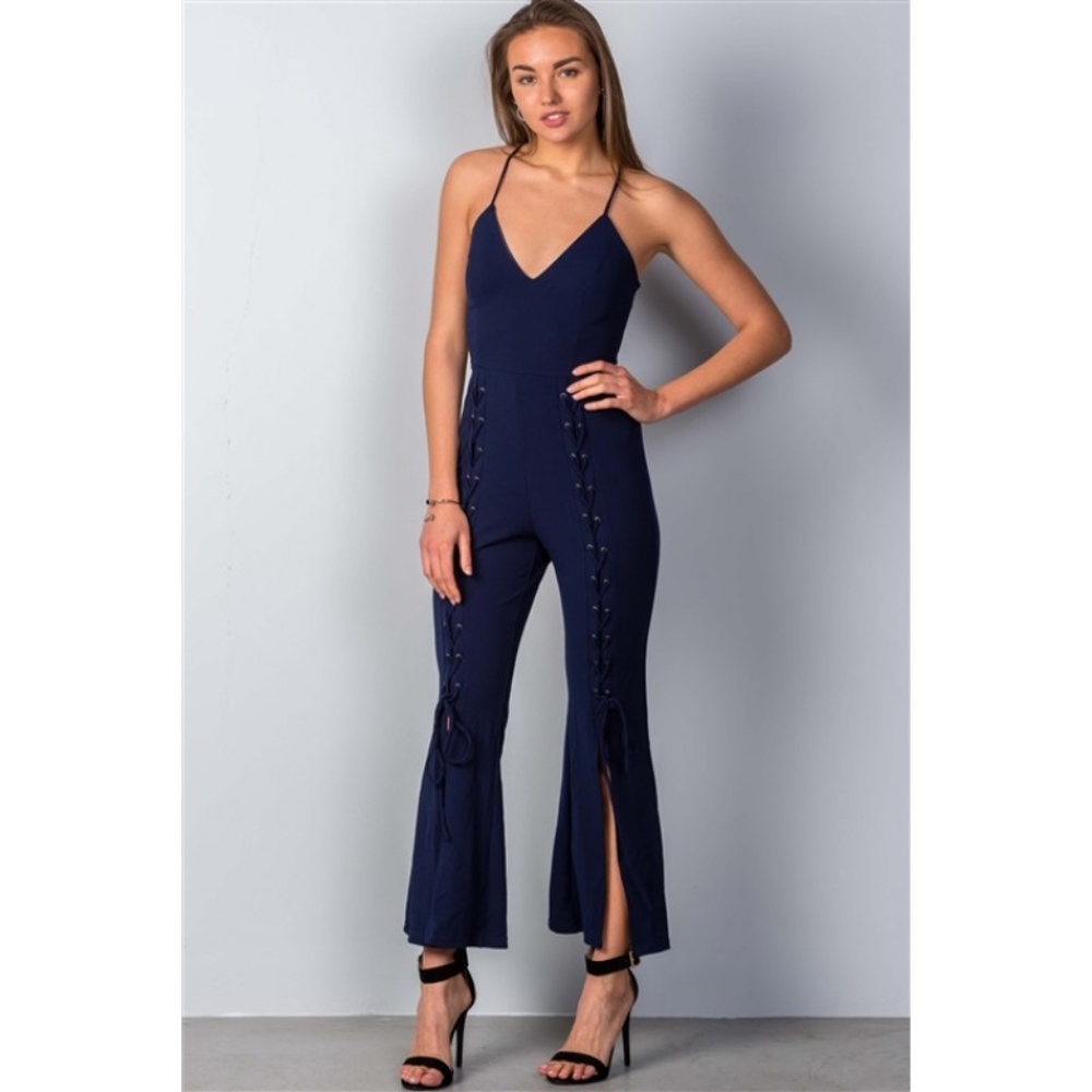 WIDE SPLIT LEG LACE-UP JUMPSUIT IN NAVY